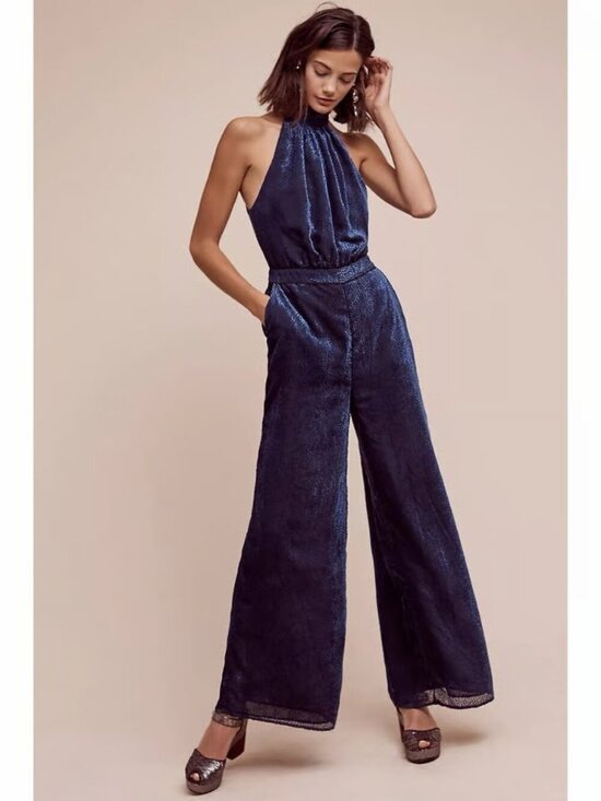 elevenses Pants - Elevenses Nova Blue Velvet Halter Jumpsuit Sz 10 Anthropologie